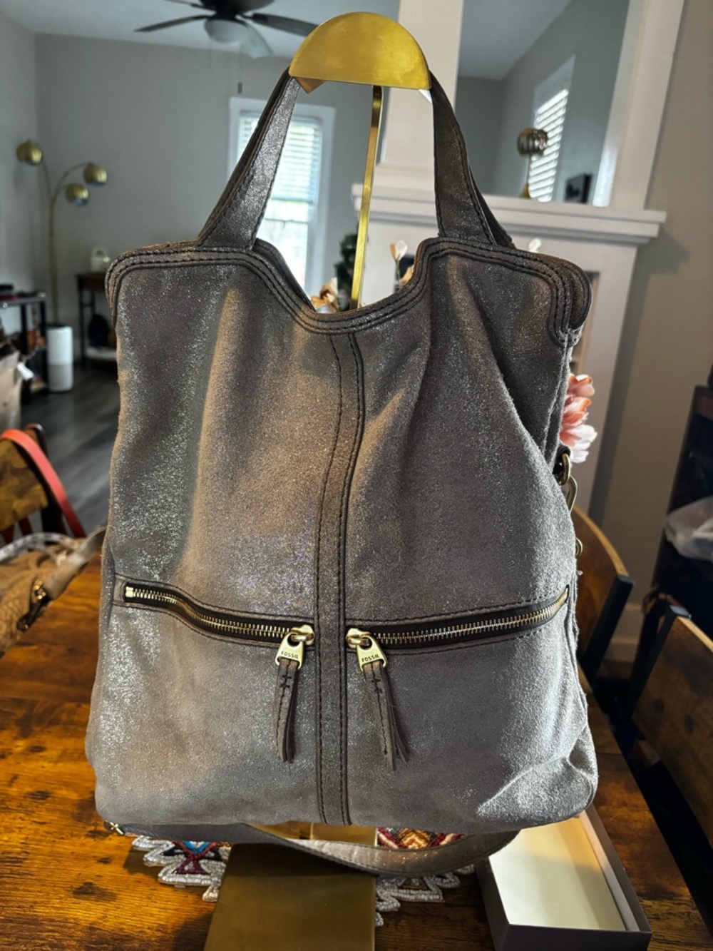 Fossil Shimmery Silver Suede Leather Tote Crossbody Bag